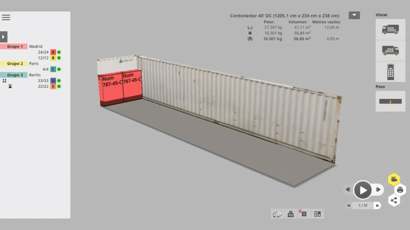 Visualización del proceso de carga paso a paso, desde el primer hasta el último ítem del contenedor.
